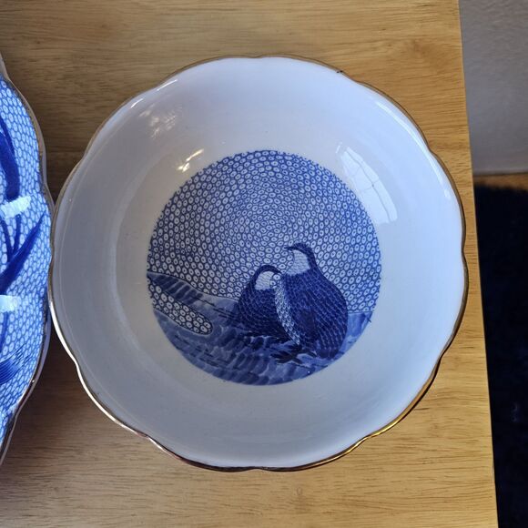 Antique Arita Blue Chinese Quail Pedestal Bowl. Fine  Arita Blue Chinese Quail Fine Porcelain Set Large Charger Plate and Serving Bowl